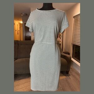 MEROKEETY Striped Tie Waist T-Shirt Dress Women’s L | Green White Casual Midi